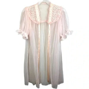 Vintage 50s Peignoir Light Pink Sheer‎ Nylon Tricot Chiffon Ruffles Ribbon Sexy